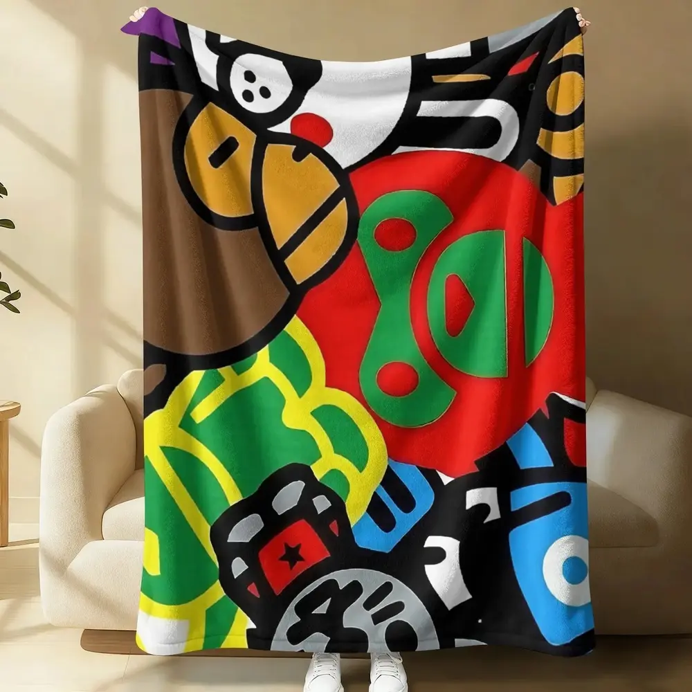 Ape Themed Colorful Character Patchwork Flannel Blanket - High-Density Polyester, Home & Travel, Indoor/Outdoor, Multi-Size, 1-Piece Soft Skin-Friendly Cover for Streetwear Gamers’ Sofa, Bed, Office Naps