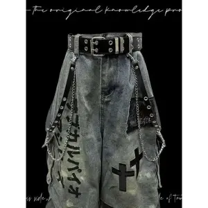 Gothic Punk Wasteland Jeans — seven-panel patchwork wide-leg, distressed crinkle denim, men’s streetwear trousers with pockets, tropical vibe