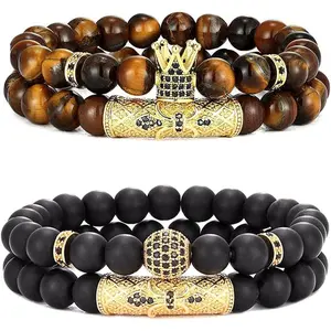 Crown King 4 Pcs 8mm Bracelets for Men Women Tiger Eye Black Matte Onyx Natural Stone Beads Elastic Rope Durable Charm Set Spiritually Restores Balances Jewelry