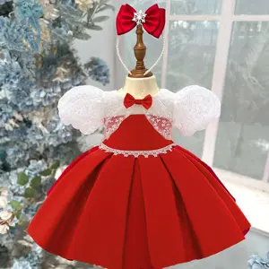 Kids Christmas Halloween Princess Dress For Girls Red Full Pearl Bow For Birthday Wedding Party Concert Stage Performance