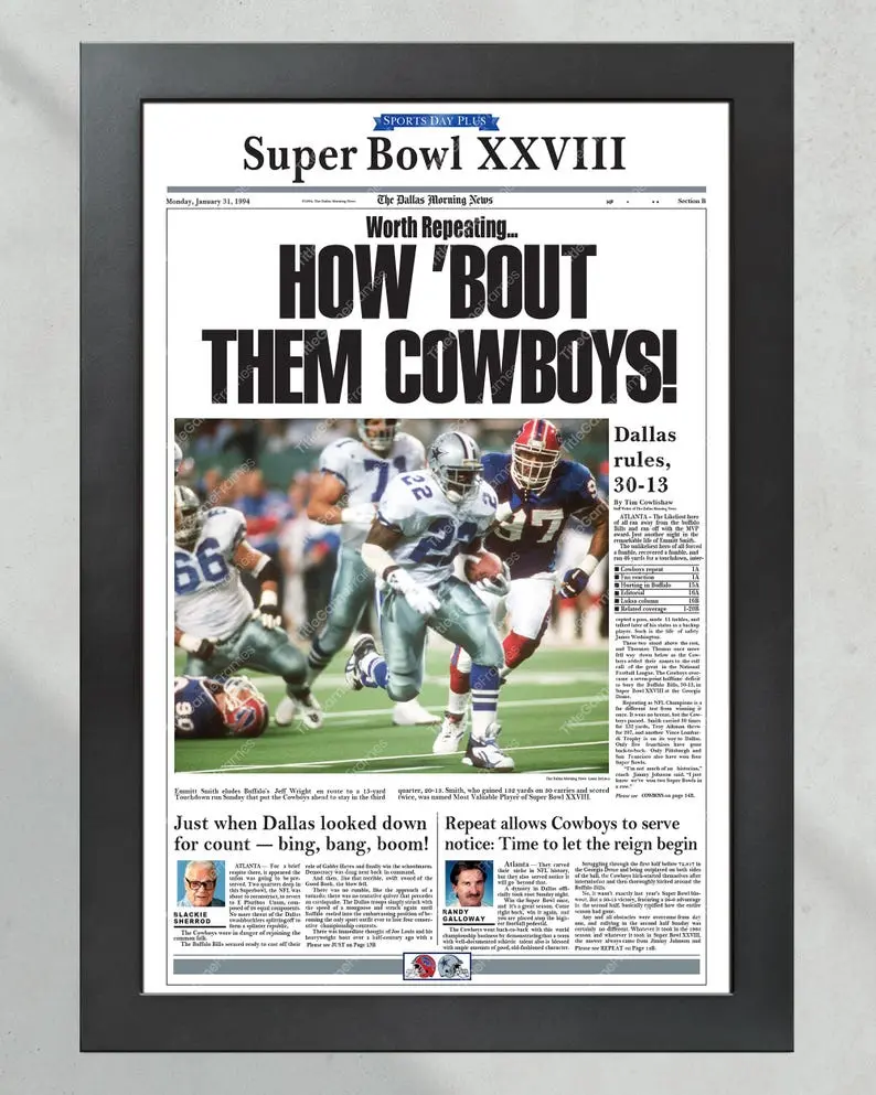 1994 Dallas Cowboys Super Bowl Champion UNFRAME POSTER PRINT Newspaper Cover Print Cowboy Stadium