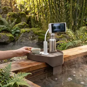 Adjustable Hot Tub Tray with Phone Holder, Waterproof Non Slip Spa Side Caddy for Drinks and Snacks, Durable Poolside Accessories for Most Spiral Edges and Pools, Ice Blue