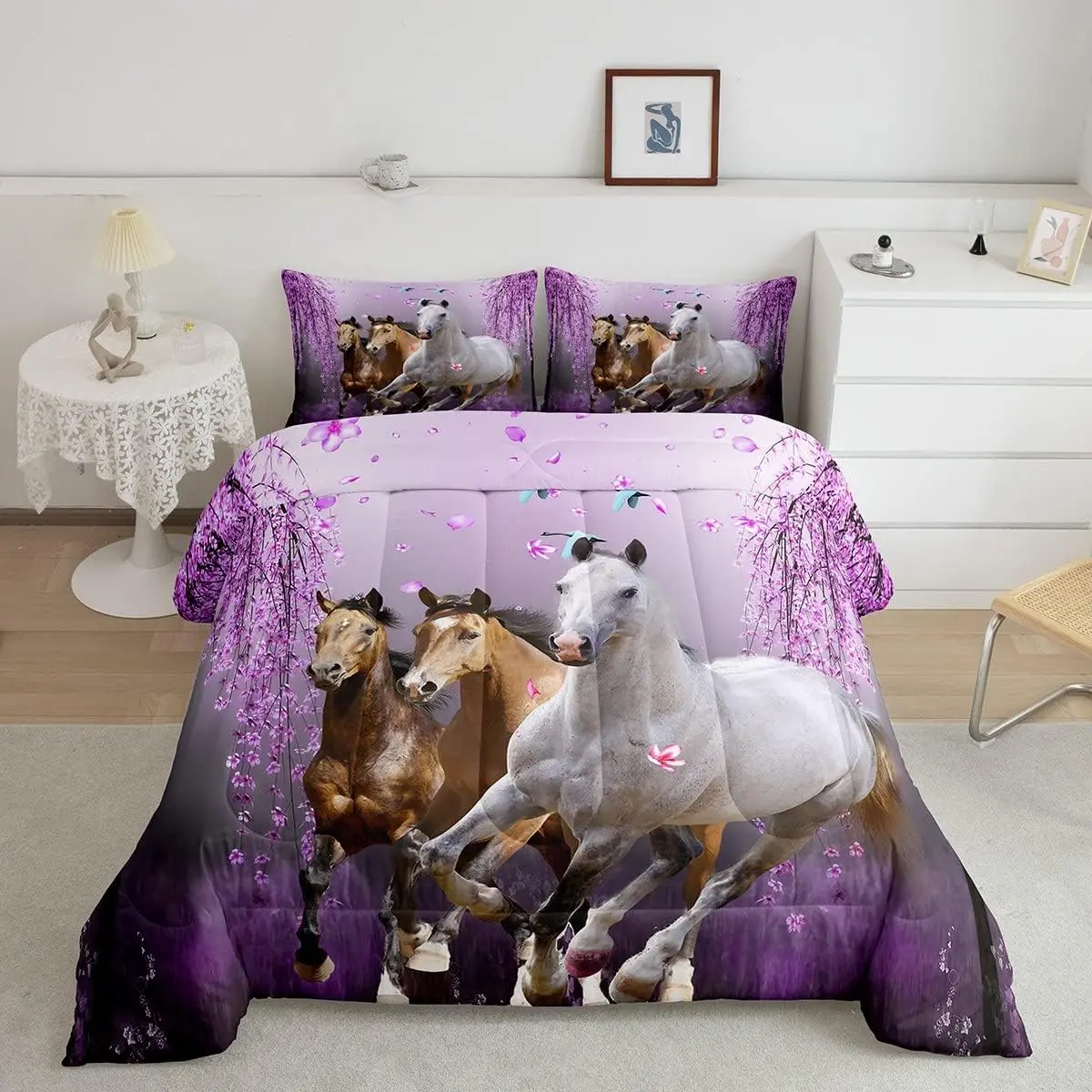 Feelyou Lavender Purple Warm Luxury Bedding Set - Flat Weave Bedspread Set with Cherry Blossom Branches Comforter, 3D Galloping Steed Animal Print Duvet, for Women's Cozy Setup (Multi-Size: Single/Queen/King), Animals