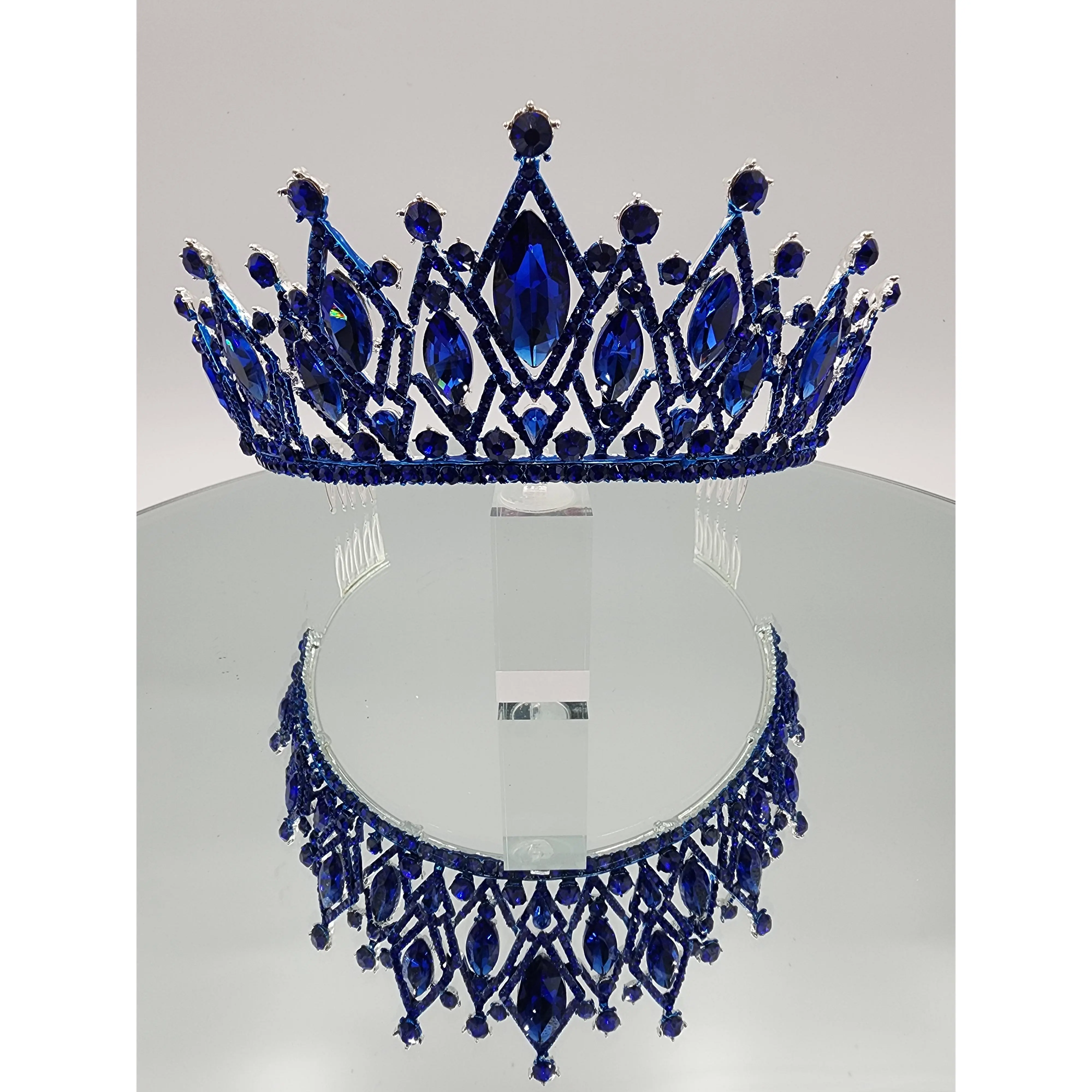 Glamorous Unisex Crown Shape Hair Accessory - Royal Blue/Red XV Crown T1706, 2.75in Tall Nickel-Free Lead-Free Alloy Metal with Tiered Crystal Beads & Rhinestone Accents, Elegant Headpiece Made in China