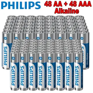 PHILIPS Alkaline Batteries 96-Count Combo Pack, (48 Double AA, 48 Triple AAA), Ultra Long Lasting Battery for Home and Office, 10-Year Shelf Life, Reclosable Packaging