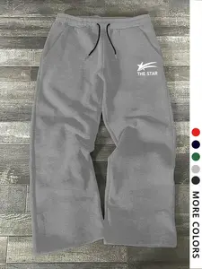 Men's Casual Sporty Long Pants, Letter & Star Print Drawstring Wide Leg Joggers, Loose Fit All Season Men's Clothing, Sweat Pant Print