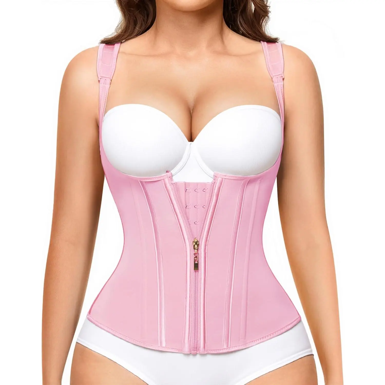 Women's Retro 1-Pack Adjustable Steel-Bone Waist Trainer Shapewear, Tummy Control Faja Corset with Front & External Zipper, Hook-and-Eye Closure for Body Contouring, Back Support & Work Wear (Plus Size, Lightweight), U Neck