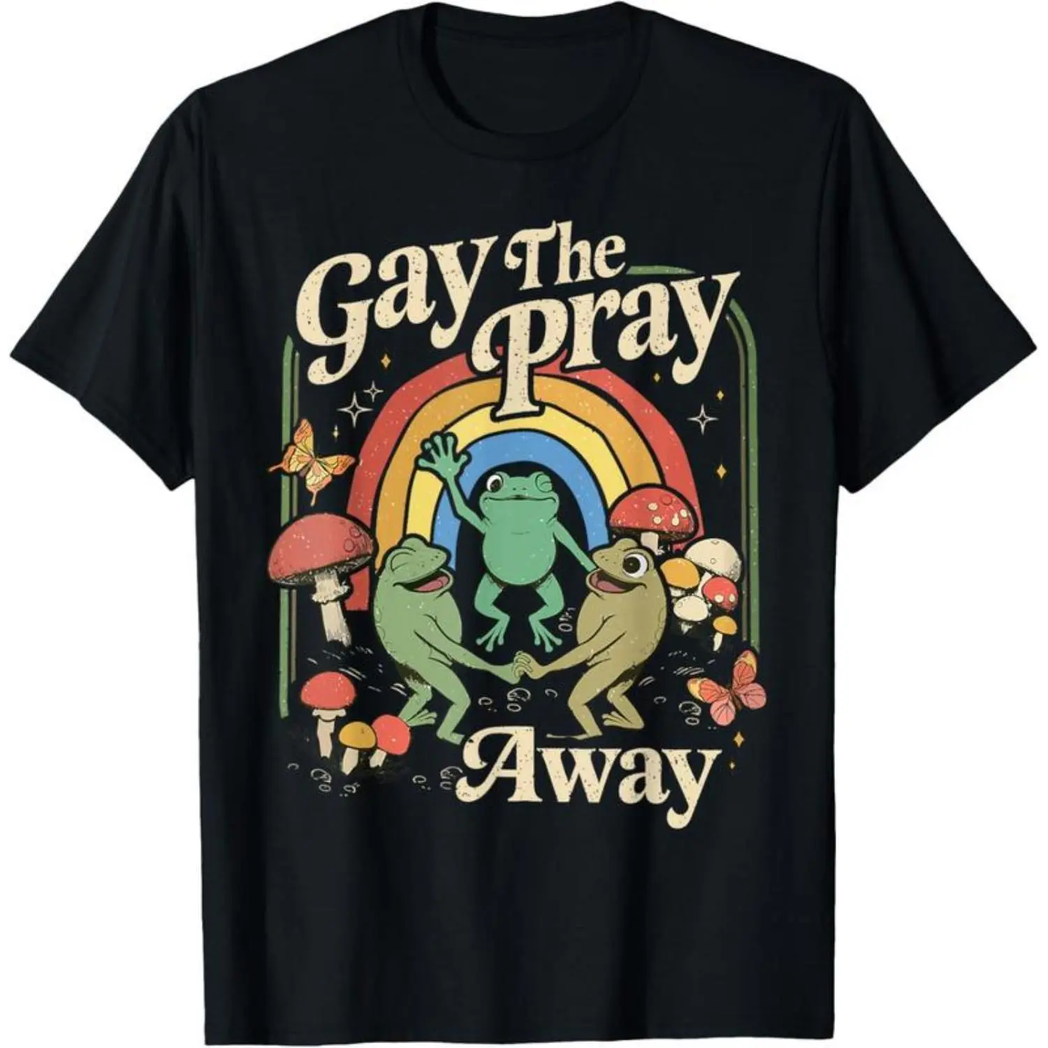 100 Percent Cotton Gay Pride T Shirt Featuring The Pray Away Rainbow Meme With Frogs And LGBTQ Symbols