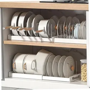 Expandable Pot and Pan Organizer Rack for Cabinet,Adjustable Kitchen Storage with 7 Stainless Steel Dividers,Rust Resistant Cookware & Bakeware Organizer for SmallKitchen, Apartment, RV,Gifts for Mom