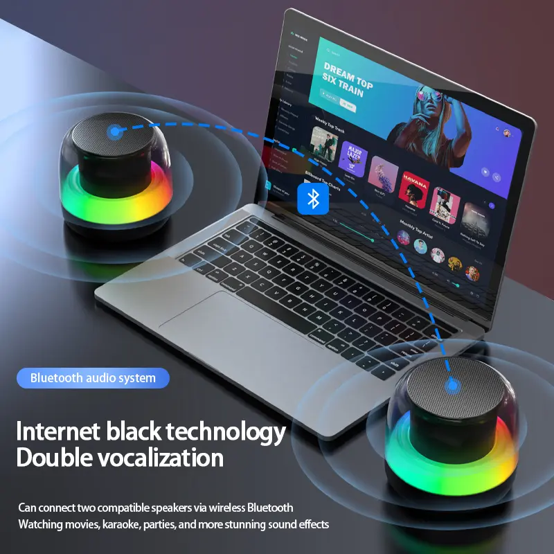 Wireless Bluetooth Speakers with TWS Pairing, Support Bluetooth USB TF AUX Playback, BT5.0, Portable Bluetooth Speaker for Home/Party/Outdoor/Beach, With 7-Color LED Light Audio Cable Charging Rechargeable Smartphone Black