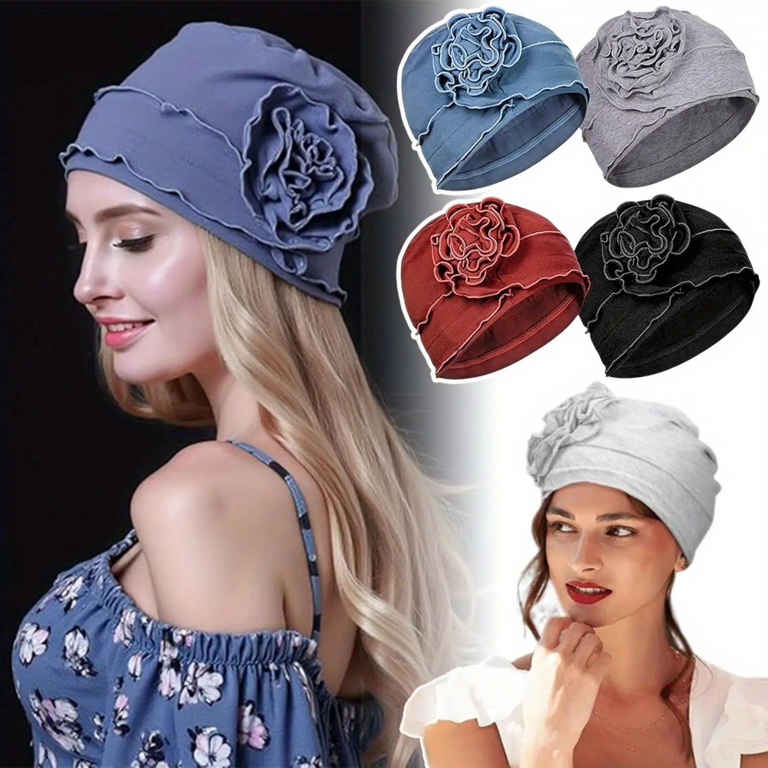 [Summervibes] 4 Pcs Solid Color Shallow Crown Cap Set,Adjustable Stylish Hat,Beanie Bonnets,Soft Elastic Chemo Turban Headwear for Women with Hair Loss,Halloween Party Gifts