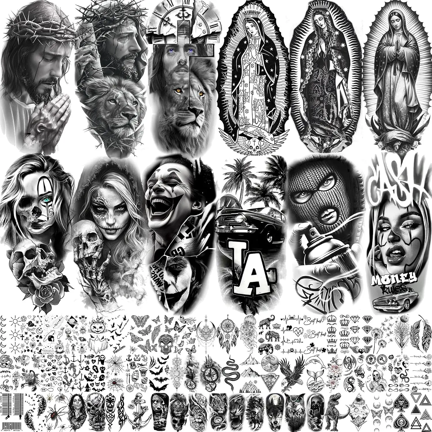 74-Sheet Durable Water-Proof Temporary Tattoos - Gothic Floral Whale Design, Chicano Jesus Guadalupe Half Arm Sleeve Stickers for Adults, Mexico West Coast Culture Cholo Chola Prison Halloween Use
