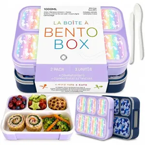 Bento Lunch Boxes for , Meal and Snack Containers for Boys Girls for School, 4 Compartments, Utensils,  ( Rainbow Unicorn + Blue Camo, 2 Pack Set)
