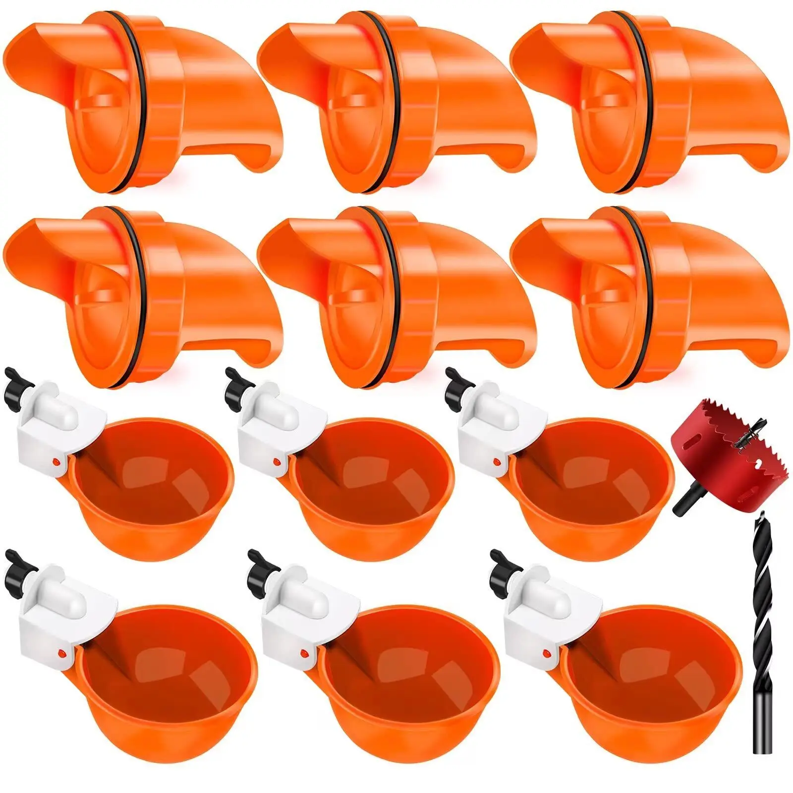 Automatic Poultry Feeder & Waterer Kit with Dispenser - Rainproof, 6 Feeding Ports, 6 Water Cups, Hole Saw, Drill Bit, No-Waste Design, Outdoor Farm Animal Pet Supplies Feeding Tool