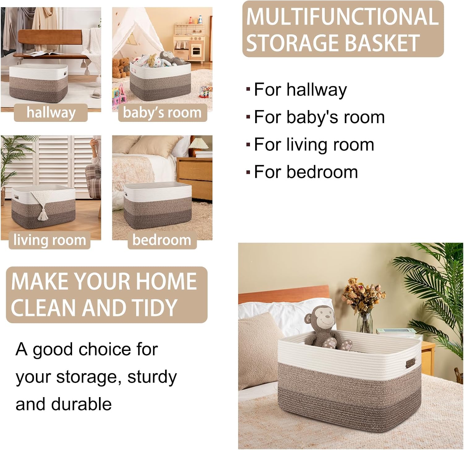 Large Blanket Basket 22"x17"x12" Rectangle Woven Baskets for Nursery Storage Living Room Toy Organizer with Handle Yellow Black Cotton Rope Woven Storage Basket