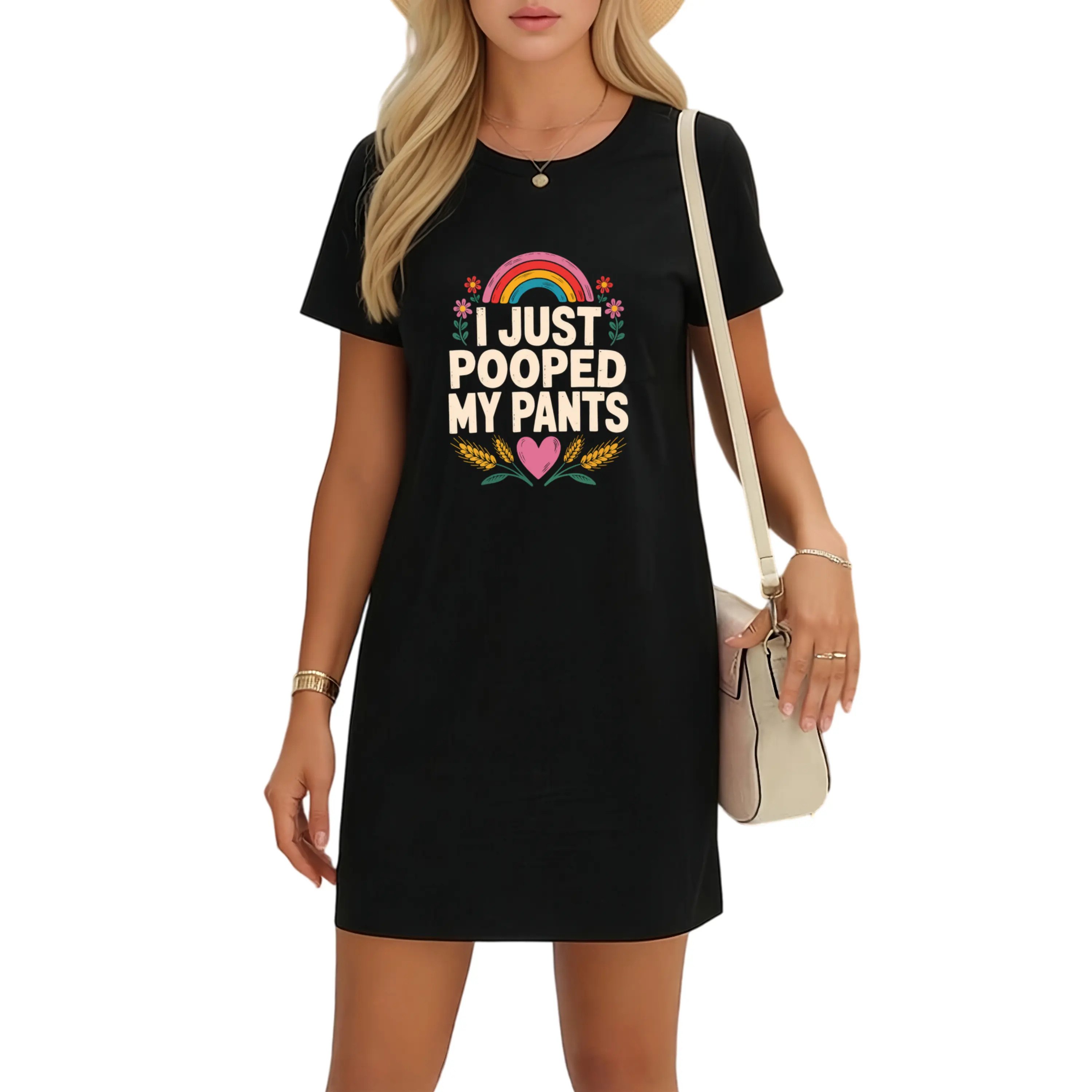 Funny 'I Just Pooped My Pants' T-Shirt Dress – Casual and Comfy Statement Wear Fabric Silk