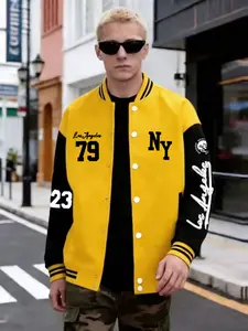 Men's Casual Baseball Jacket, Los Angeles Style, Colorblock School Team Windbreaker, Polyester Fiber, Fitted Design, All Seasons Wear