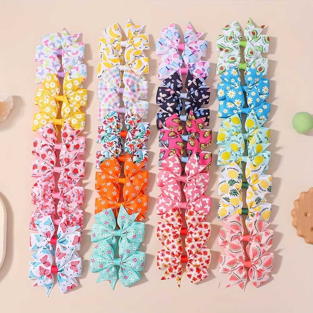 Girls' Woven Floral Hair Clips & Pins, 40-Piece Mixed Color Fruit-Flower Print Bow Hair Accessories for Fashion Use, Hair Clip/Hair Pin
