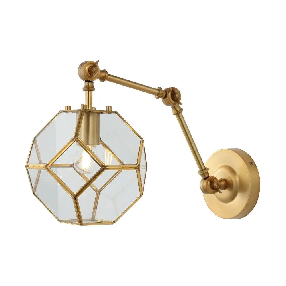 JONATHAN Y Modern Brass Gold Hexagon Iron-Glass LED Sconce - 1 Socket, Adjustable Arm, Swiveling Lamp Head, Glass Panels, AC Power, Bulb Included, LED Ambient Lighting (Living Room, Bedroom)