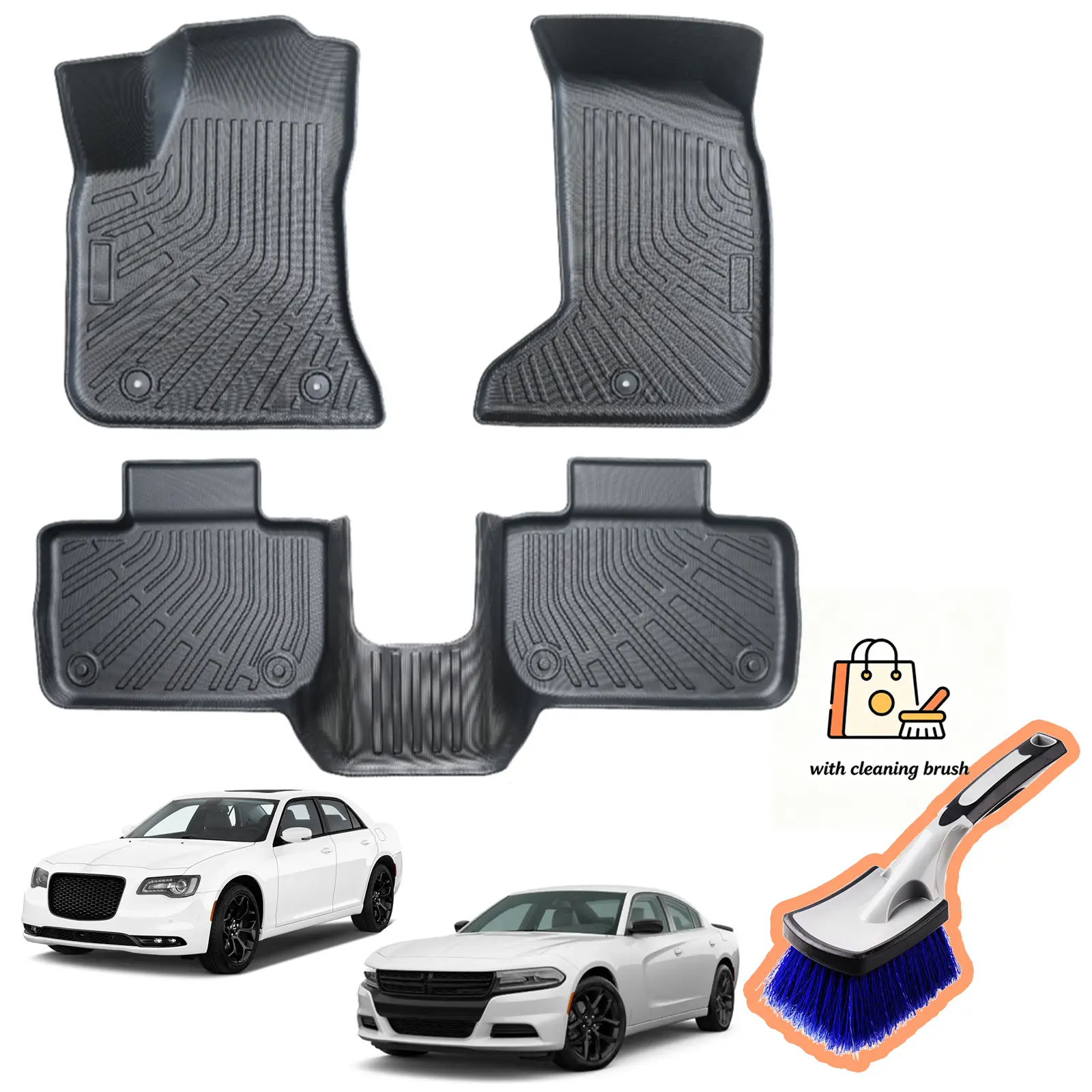 Canvcle TPE Floor Mats for 2011-2023 Dodge Charger AWD & Chrysler 300 AWD (Not RWD), Heavy-Duty Waterproof All-Weather Front & 2nd Row Custom Fit Liners, Free Cleaning Brush Included