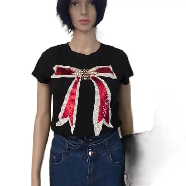 Vinizbena Sequin Bow & Bee Rhinestones T-Shirt Top