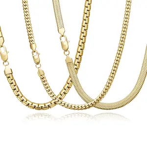 3 Pack Hiphop Chains Kit Herringbone + Flat Box + Miami Cuban 14K Gold Plated Stainless Steel Necklace Set Tarnish Proof & Hypoallergenic Elevate Streetwear