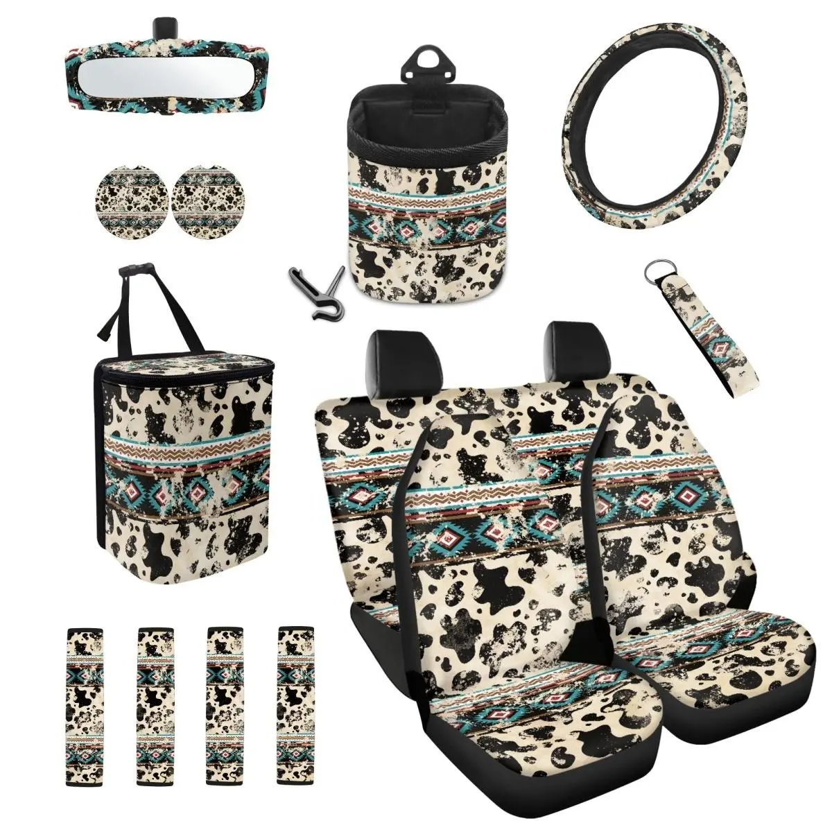 GEPRINT Western Aztec Car Seat Covers Set,Travel Essentials Car Decorations 15 PCS Cow Auto Accessories with Steering Wheel Cover, Seat Belt Pads, Cup Coasters, Trash Bag, Air Vent Storage Bag, Rearview Mirror Cover, and Keychain for Cars Vehicle Stuff