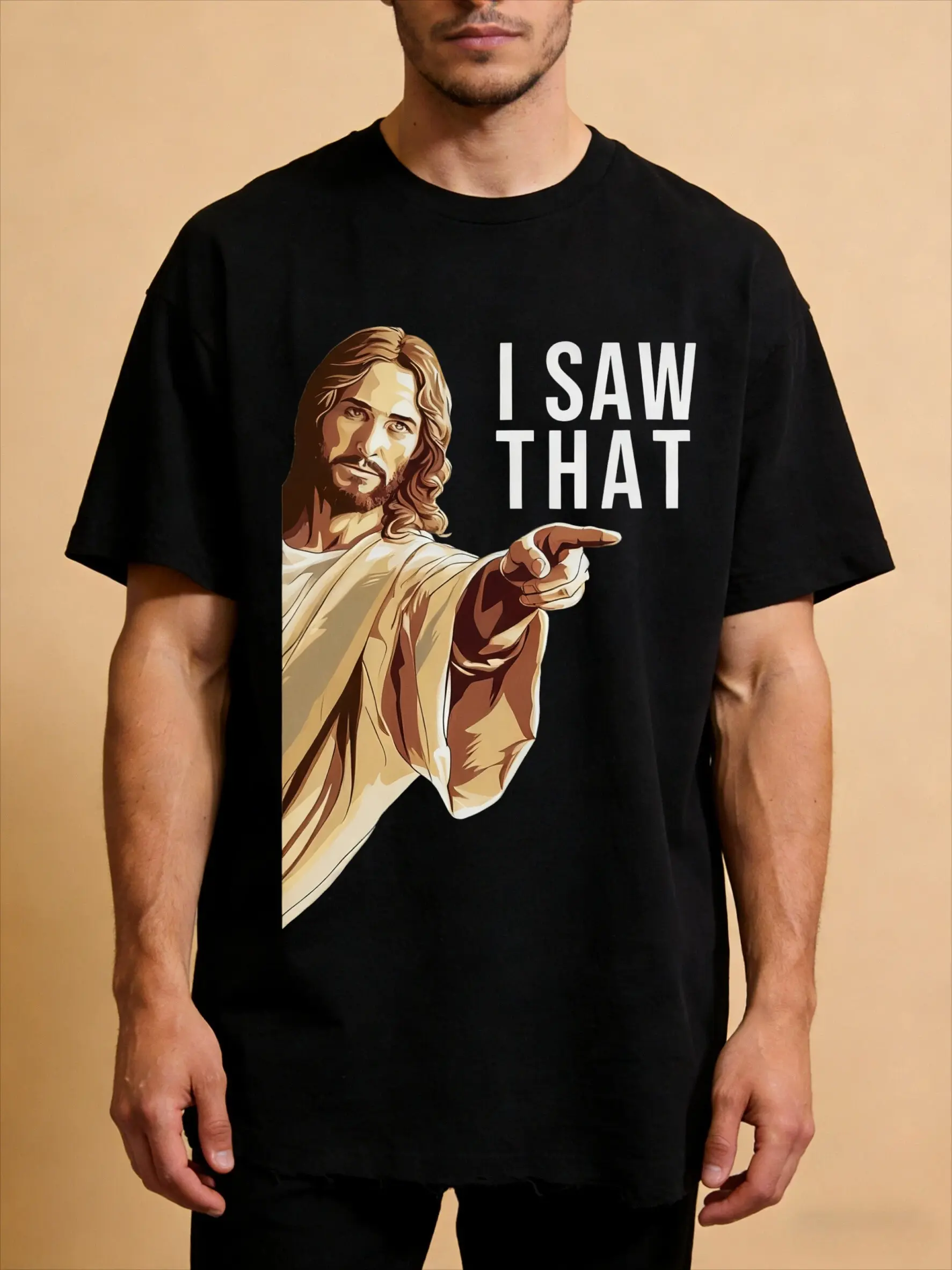 Men'S Funny "I Saw That" Graphic T-Shirt - Humorous Christian Novelty Tee with Pointing Design,  Cotton Casual Round Neck Short Sleeve Shirt for Adults, Machine Washable Black Top, Mature Audience Apparel, Street Style Shirt, Comfortable Fi, Perfect f