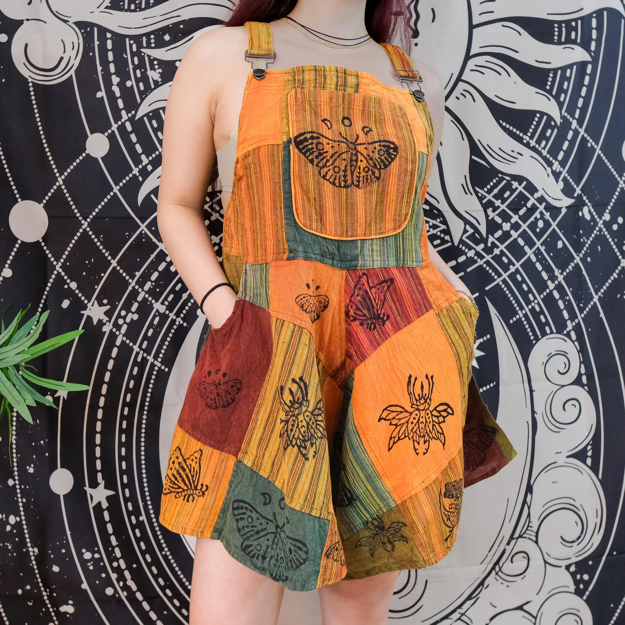 Patchwork Wide Leg Romper,Cotton Flowy Summer Overalls, Bohemian Short Jumpsuit, Plus Size Inclusive, Hippie Goth Retro Outfit, Whimsical Vibe