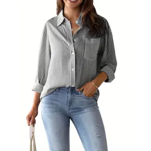 Women's Casual Loose-Fit Striped Shirt - Blue & White Horizontal Stripes, H-Silhouette Tummy Control, Short Sleeve Button-Up Blouse for Spring/Summer, Machine Washable, Summer Fashion, Soft Fabric