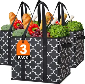 Reusable Grocery Bags – 3-Pack Foldable Large Shopping Totes, Washable Water-Resistant Storage Bins for Groceries & Everyday Use (Black) Grab Lab