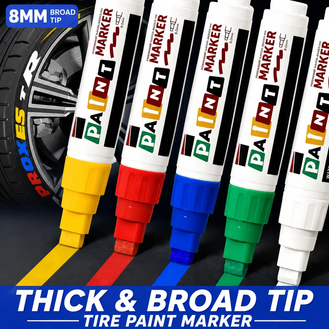8MM Broad Tip Tire Paint Marker Set, Waterproof Car Tire Lettering Paint Pen for Auto Wheel Decoration, Thick Tip Permanent Marker for Cars, Trucks, Motorcycles, Bikes, DIY Tire Letter Coloring