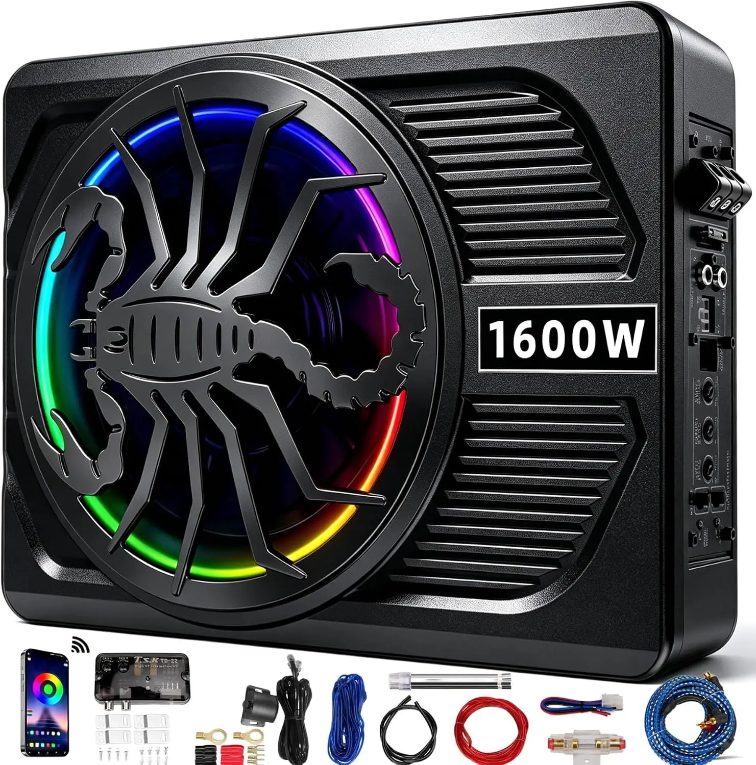 10" Slim Under-Seat Car Subwoofer - 1600W Upgrade with Built-In Amplifier, RGB LED Lights, APP Control, Independent Bass Knob, LPF, Gain, Boost, Distortion-Free High-Output Deep Audio