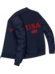 Casual Sports Style Men's Long Sleeve Baseball Casual Fashion Jacket with USA Letters and National Flag Print for Daily Wear Outdoor Activities and Commuting