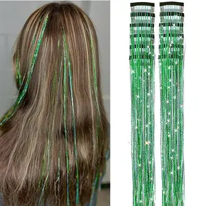 Green Hair Tinsel 12Pcs 20.5 Inch Clip in Tinsel Hair Accessories Extensions Heat Resistant Fairy Hair Tinsel Kit for Women Girls Glitter Hair Extensions for Christmas (12Pcs, Fruit green)