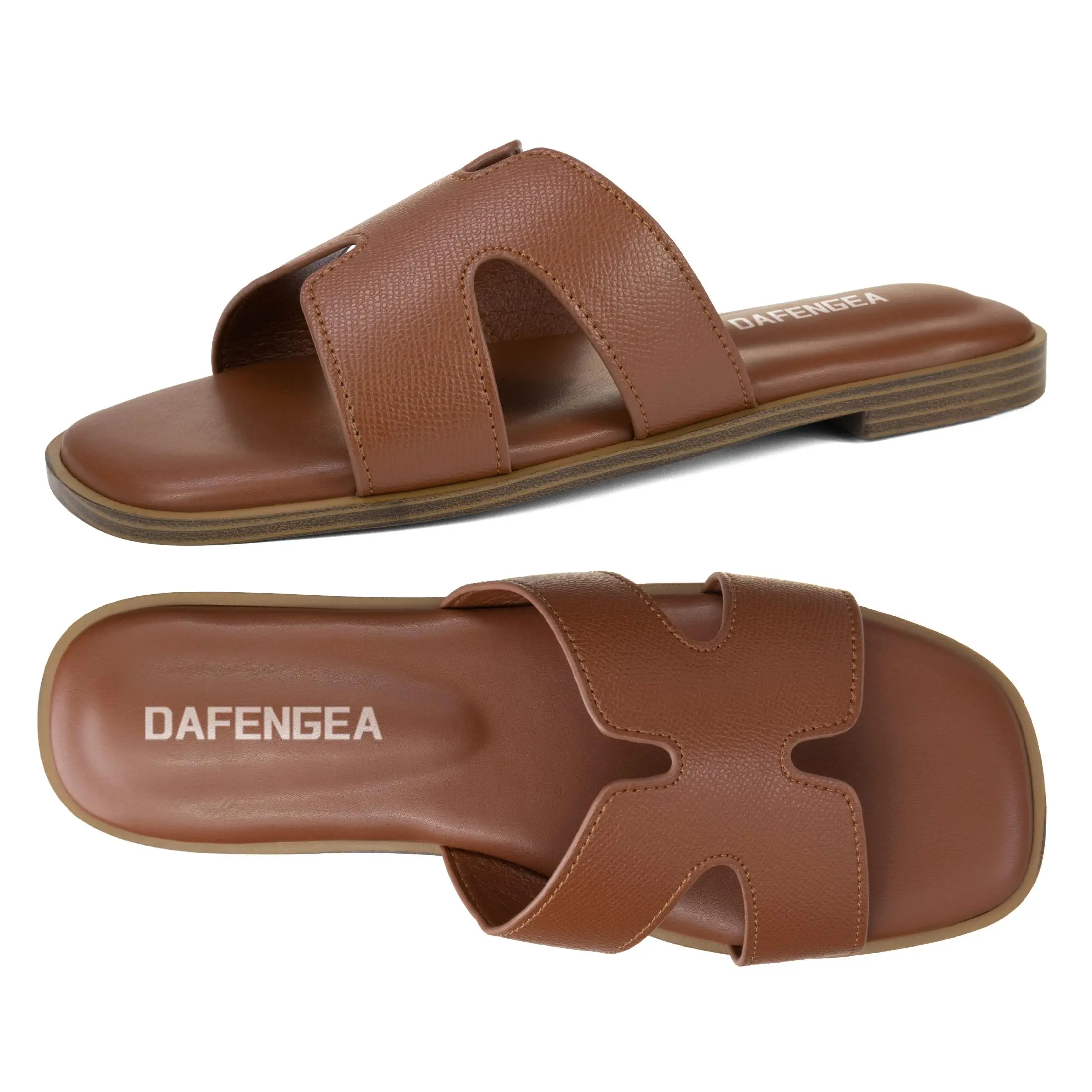 Women's Slide Sandal Flat Fashion Square Open Toe with Cushion Slippers for Summer Beach