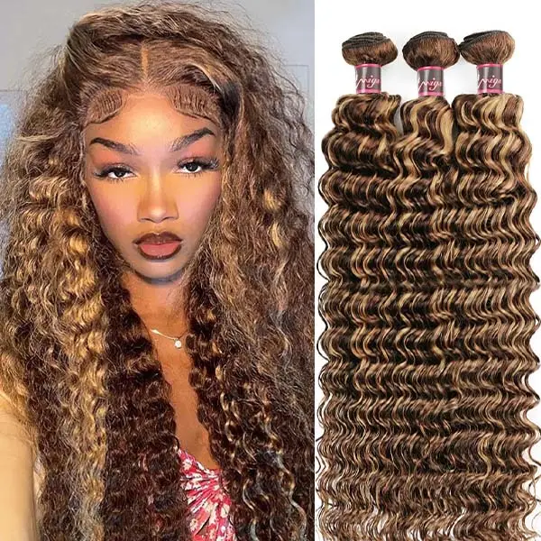 P4/27 Highlight Deep Wave Bundles Ombre Brown Human Hair Bundles Brazilian Remy Human Hair Extensions
