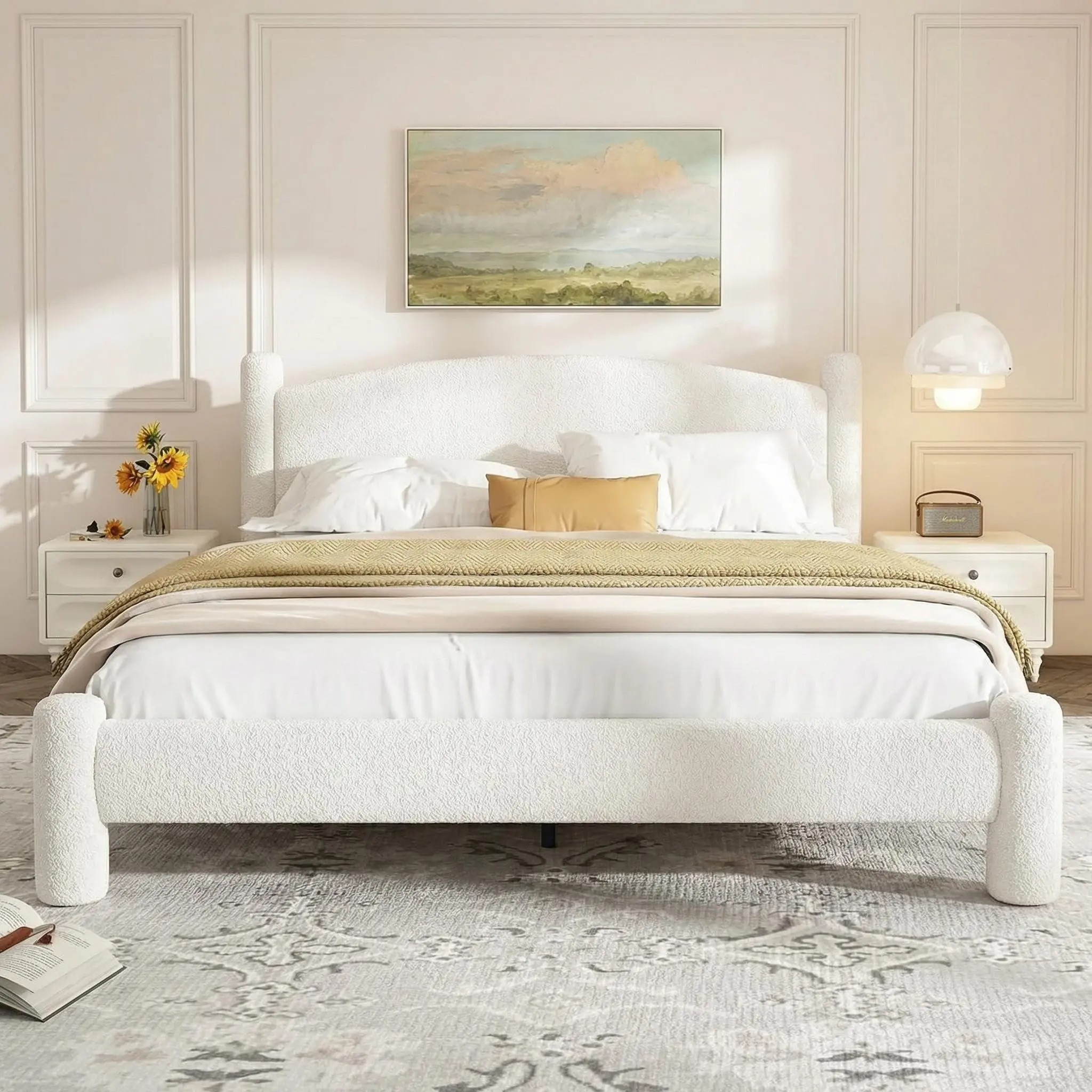 Gaomon Queen Curved Bed Frame - Upholstered Curved Headboard, Cylindrical Legs, Heavy-Duty Noise-Free Cloud Platform, No Box Spring Needed, Self-Assembling, White, Elevated Bed Frame, Queen Bed Frame