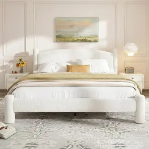 Gaomon Queen Bed Frame, Upholstered Boucle Platform Cloud Bed with Soft Round Curved Headboard, Cylindrical Legs, Heavy-Duty Noise-Free Design, No Box Spring Needed, Easy Assembly, White, Upholstered Curved Headboard