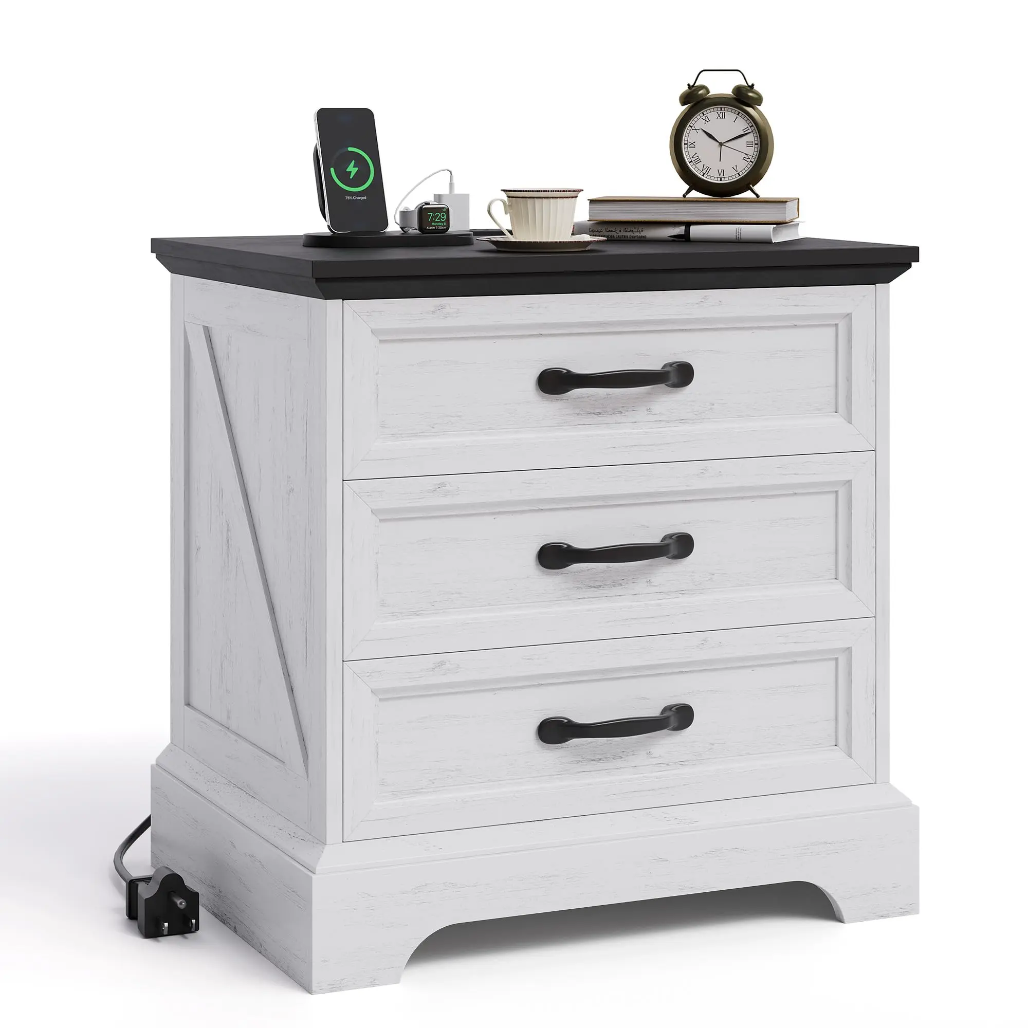 Modern Garvee Nightstand with Charging Station and 3 Large Drawers, Rustic 24.8 Inches Wide, Large Retro Wooden Side Table Next to the Living Room or Bedroom Table, White Color