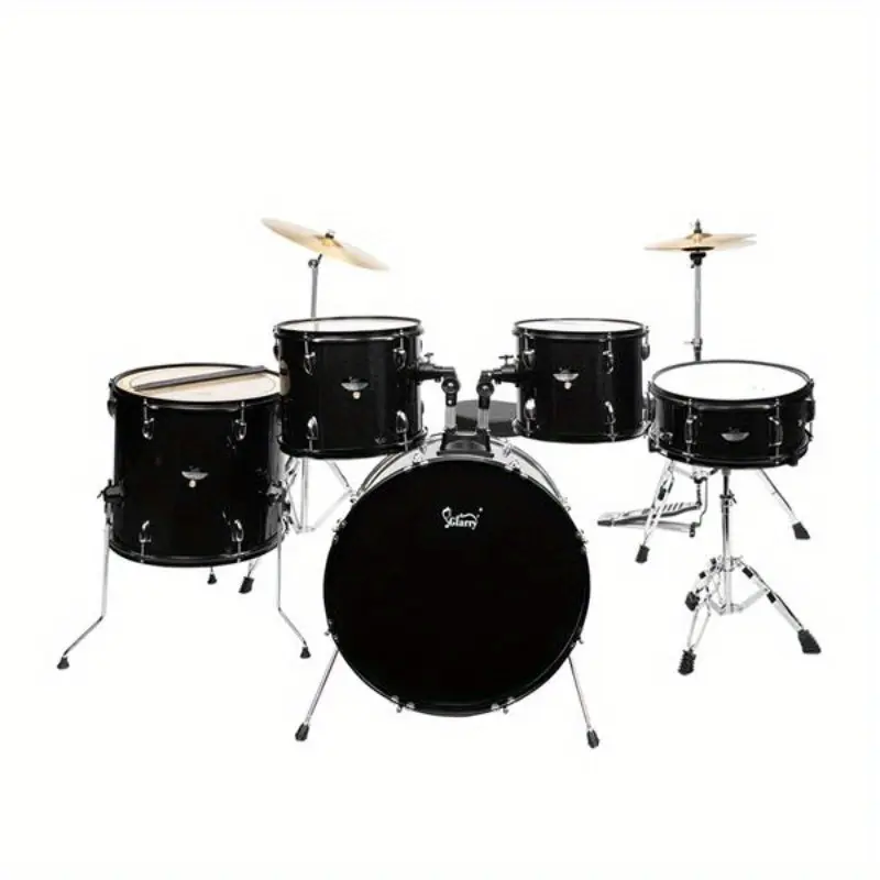 Glarry Full Size Adult Poplar Wood 5-Piece Percussion Instrument Drum Kit with Double-Skin Bass, 2 Toms, Snare, Floor Tom, 16" Ride Cymbal, 14" Hi-Hat Cymbals, Adjustable Stool, Pedal, Drum Sticks