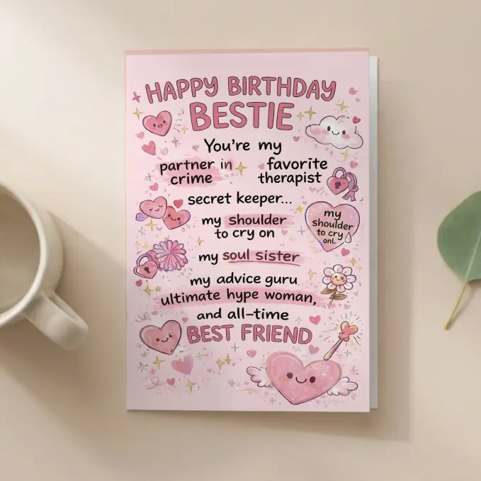 Pastel Pink Aesthetic 5x7 in Matte Paper Birthday Card with Comic Graphics - Meaningful Office Stationery Greeting Card for Best Friend