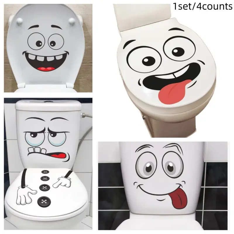 Hot Selling Cartoon Funny Face Waterproof Toilet Stickers Set, Self-Adhesive Bathroom Seat Covers Decorations, 4-Piece Set, Toilet Seat Protector, Toilet Seat Covers For Bathroom, Toilet Lid Covers For Bathroom