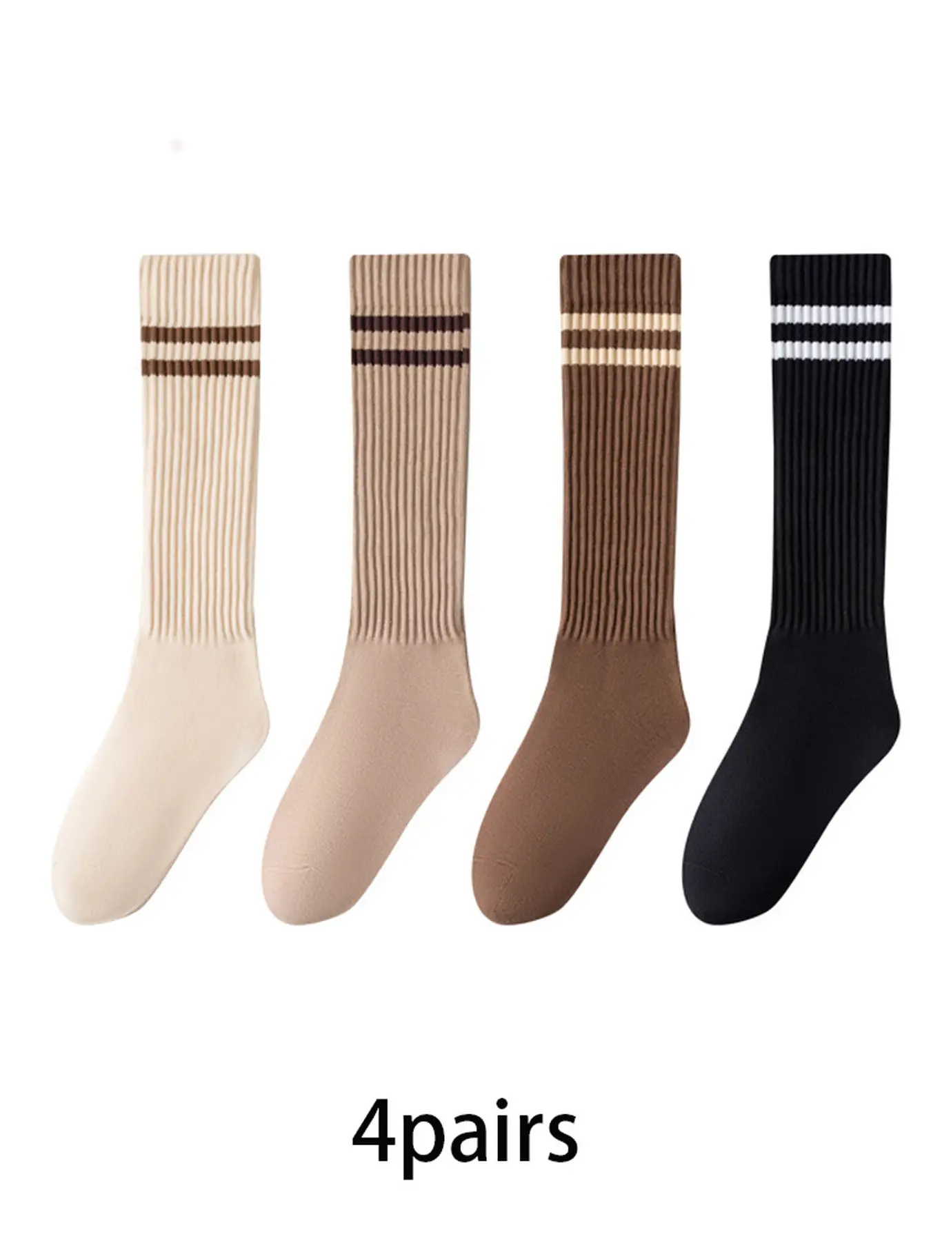 4 pairs of Melange-style double-bar calf socks, retro-comfortable and breathable tuck-up socks, suitable for women's casual wear, sports, and commuting, Breathable Polyester Socks