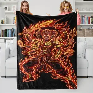 Anime Style Printed Facecloth Blanket, Nezha Image, “Three Heads and Six Arms” Shape, Soft and Cozy, Suitable For All Seasons