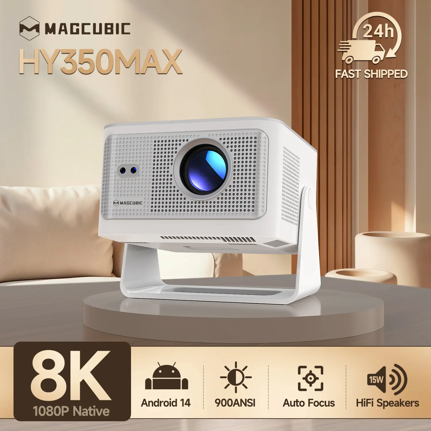 [US warehouse] Magcubic HY350MAX 900ANSI Projector Auto Focus 8K Decode Android 14 Allwinner H726 Built-in 15W HiFi Speaker Dual WiFi6 BT5.4 Native 1080P 1.0:1 short Throw Portable Smart Projector For Home Cinema Movie Night #SummerFinds #DealsForYouDays