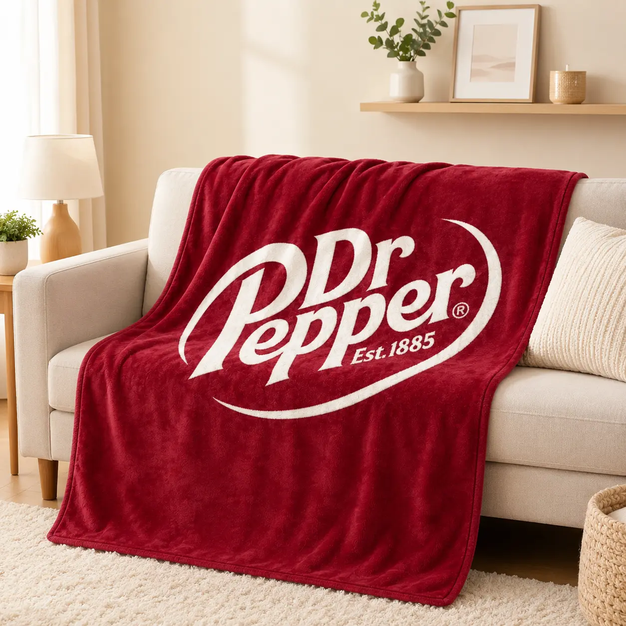 Dr Pepper Vintage Logo Flannel Throw Blanket, Classic Burgundy Soda Brand Print, Soft Warm Lightweight Blanket for Sofa Bed Travel Camping, Ideal Gift for Dr Pepper Lovers, Retro Beverage Bar Game Room Lounge