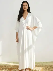 Women's Ruched Split Batwing Sleeve Kaftan Dress, Casual V Neck Long Dress for Summer, Women's Clothes for Vacation Party