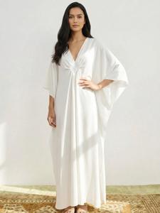 women's ruched split batwing sleeve kaftan dress, modesty casual v neck long dress for summer, women's clothes for vacation party, summer dress,  formal dresses for women
