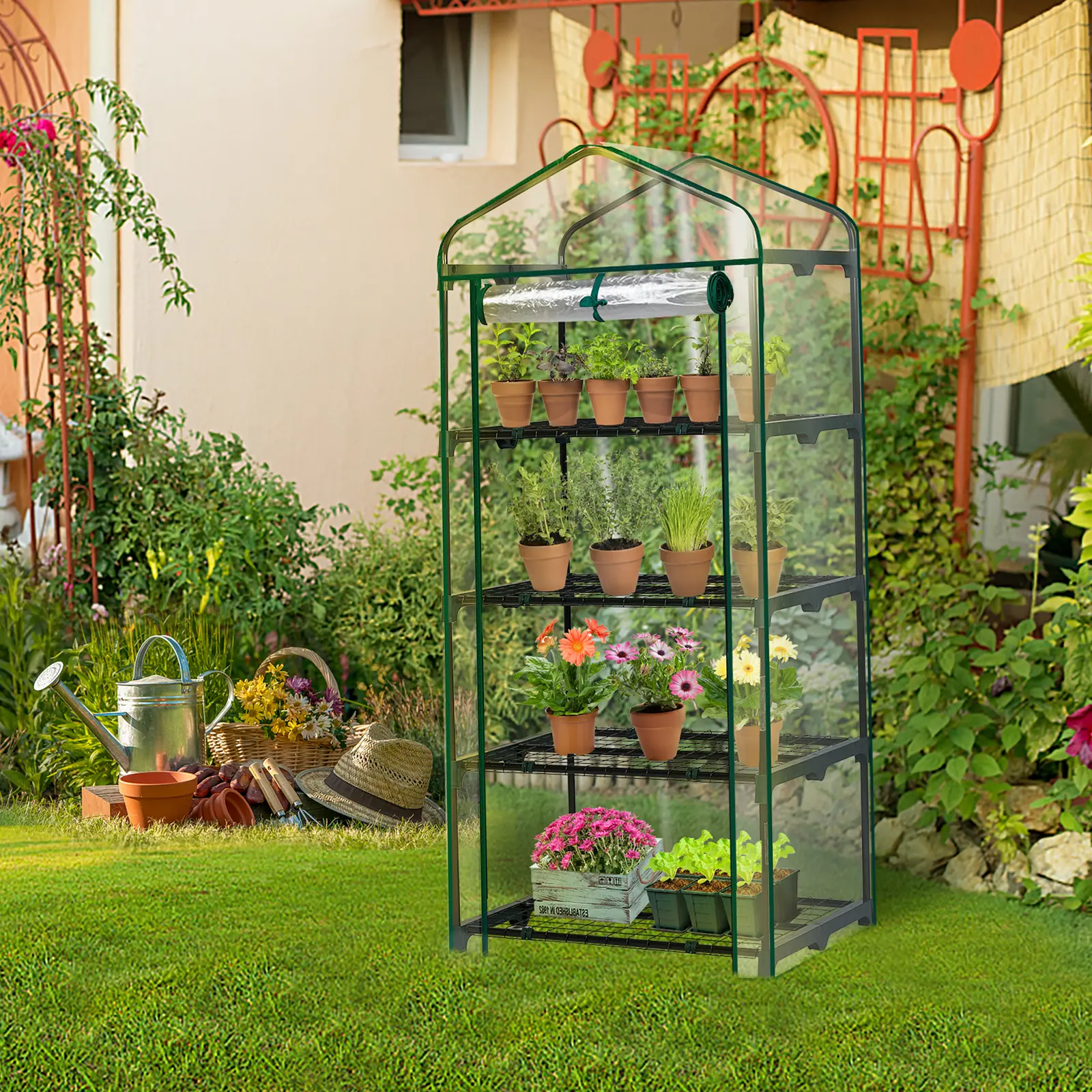 Karlhome 4-Tier Portable Mini Greenhouse with Metal Frame, Transparent PVC Cover, Transparent Roof & Roll-Up Zipper Door, Waterproof Garden Backyard Seed Starter, 27x19x62"